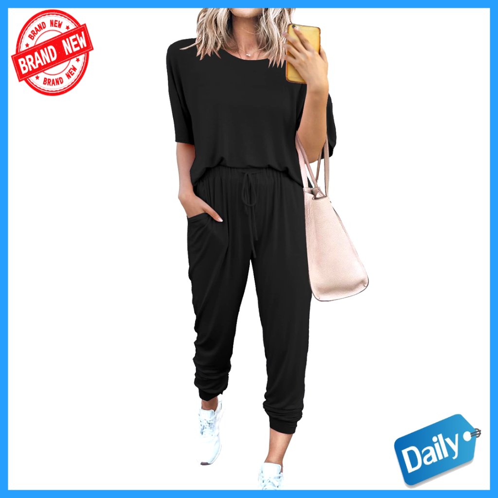 Women's Two Piece Lounge Set, Jogger Pants, Short Sleeve Top, Elastic Waist,